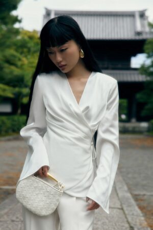 Satin Kimono Wrap Blouse With Waist Ties